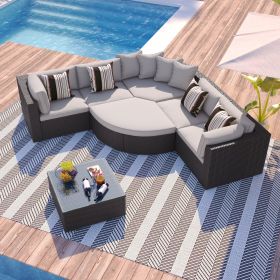 GO 7-piece Outdoor Wicker Sofa Set, Rattan Sofa Lounger, With Colorful Pillows, Conversation Sofa, For Patio, Garden, Deck, Brown Wicker, Gray Cushion