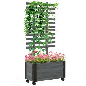 Outsunny Raised Garden Bed with Trellis, 58" Outdoor Wooden Planter Box with Wheels, for Vine Plants Flowers Climbing and Planting, Gray