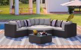 GO 7-piece Outdoor Wicker Sofa Set, Rattan Sofa Lounger, With Colorful Pillows, Conversation Sofa, For Patio, Garden, Deck, Brown Wicker, Gray Cushion