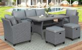 6-Piece Outdoor Rattan Wicker Set Patio Garden Backyard Sofa; Chair; Stools and Table(Gray Rattan+Gray Cushion)