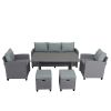 6-Piece Outdoor Rattan Wicker Set Patio Garden Backyard Sofa; Chair; Stools and Table(Gray Rattan+Gray Cushion)