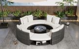 Outdoor Patio Furniture Luxury Circular Outdoor Sofa Set Rattan Wicker Sectional Sofa Lounge Set with Tempered Glass Coffee Table, 6 Pillows,Beige