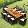 9 Pieces Rattan Patio Dining Set with Acacia Wood Table and Cushioned Chair