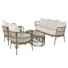 TREXM 4-Piece Rattan Outdoor Patio Conversation Set with Seating Set for 5 and Coffee Table for Porch, Backyard and Garden (Brown Grey)