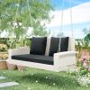 GO 2-Person Wicker Hanging Porch Swing with Chains, Cushion, Pillow, Rattan Swing Bench for Garden, Backyard, Pond. (White Wicker, Gray Cushion)