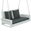 GO 2-Person Wicker Hanging Porch Swing with Chains, Cushion, Pillow, Rattan Swing Bench for Garden, Backyard, Pond. (White Wicker, Gray Cushion)