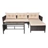 3 Piece Outdoor PE Rattan Furniture Set, Patio Black Wicker Conversation Loveseat Sofa Sectional Couch Khaki Cushion