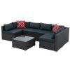 Patio Furniture, Outdoor Furniture, Seasonal PE Wicker Furniture, 7 Set Wicker Furniture With Tempered Glass Coffee Table