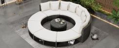 Outdoor Patio Furniture Luxury Circular Outdoor Sofa Set Rattan Wicker Sectional Sofa Lounge Set with Tempered Glass Coffee Table, 6 Pillows,Beige