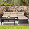 3 Piece Outdoor PE Rattan Furniture Set, Patio Black Wicker Conversation Loveseat Sofa Sectional Couch Khaki Cushion