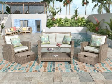 Patio Furniture Set, 4 Piece Outdoor Conversation Set All Weather Wicker Sectional Sofa with Ottoman and Cushions (Color: Beige)