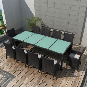 11 Piece Patio Dining Set with Cushions Poly Rattan Black (Color: Black)